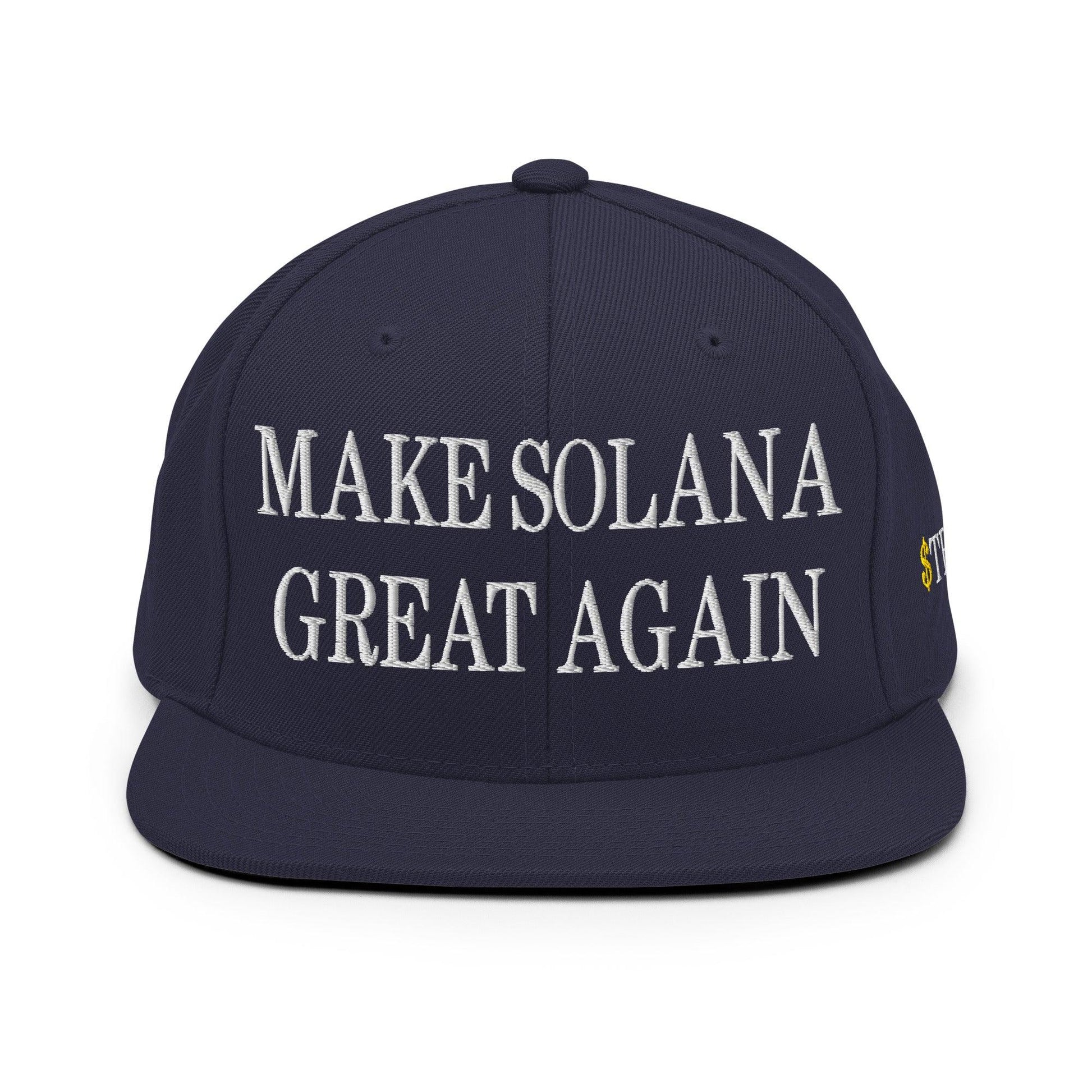 Navy blue Make Solana Great Again hat featuring Trump meme coin embroidery, official Trump meme accessory