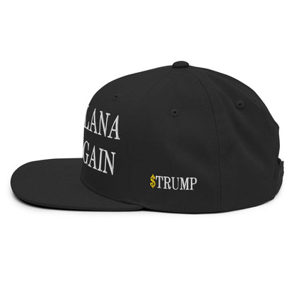 Black flat-brimmed hat featuring Make Solana Great Again and Official Trump Meme Coin embroidery