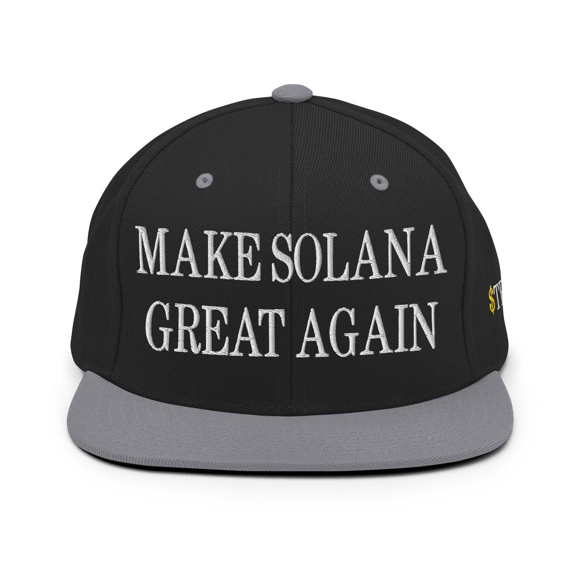 Black and gray baseball cap with embroidery, featuring Make Solana Great, Trump Meme Coin, official Trump meme design