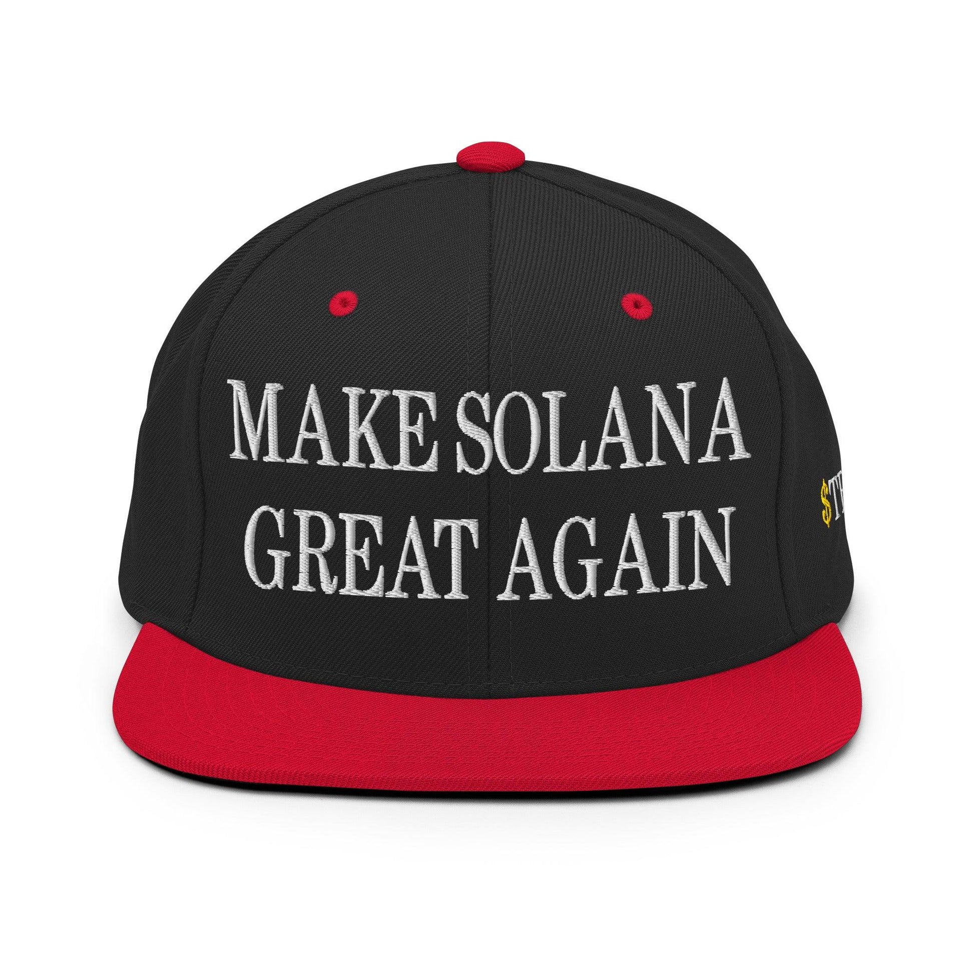 Black and red baseball cap with Make Solana Great and Trump Meme Coin embroidery for official Trump meme fans