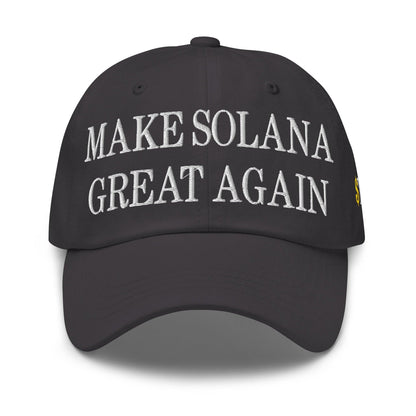 Gray baseball cap featuring Make Solana Great Again and Trump Meme Coin embroidered design