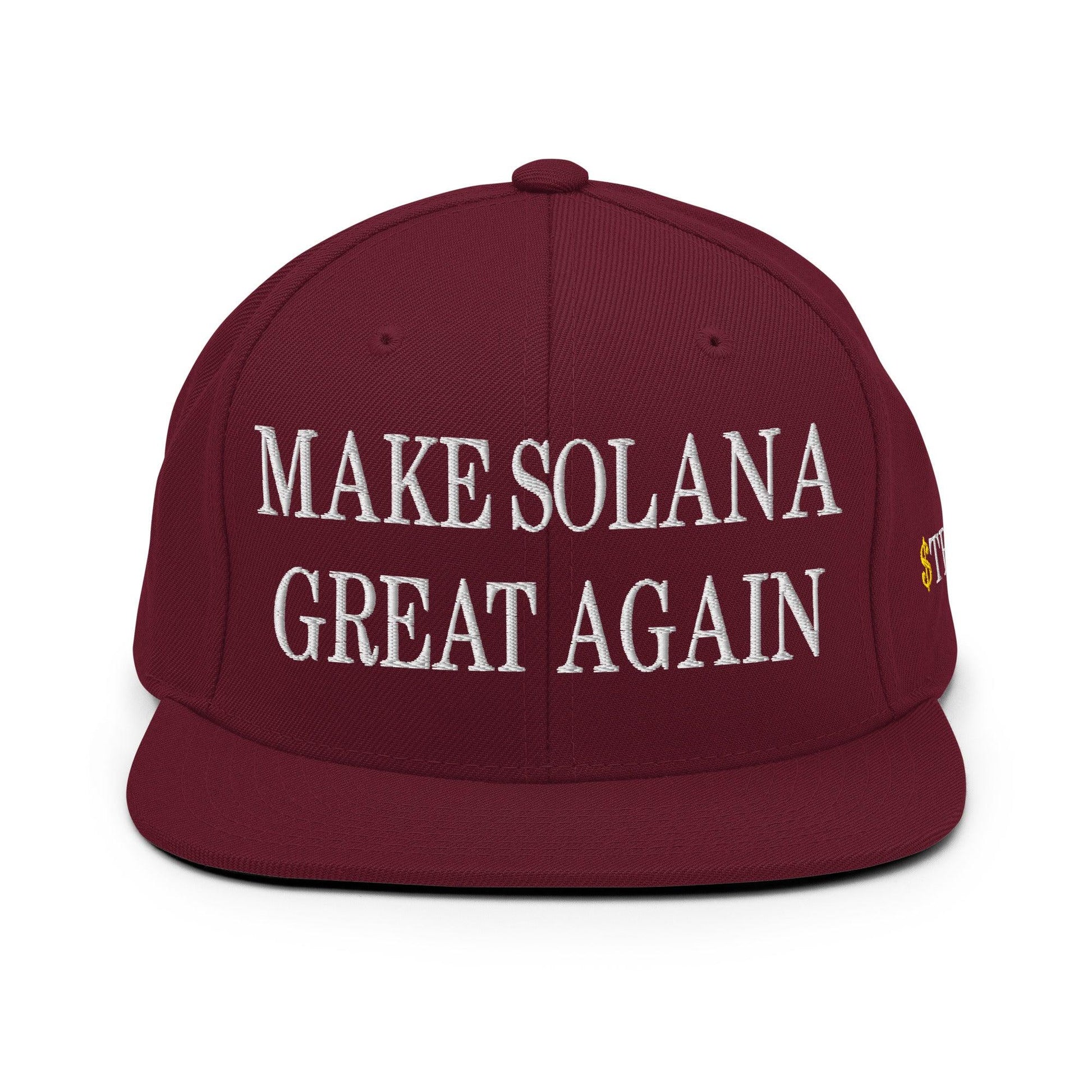 Maroon Make Solana Great Again hat with Trump meme coin embroidery on snapback cap
