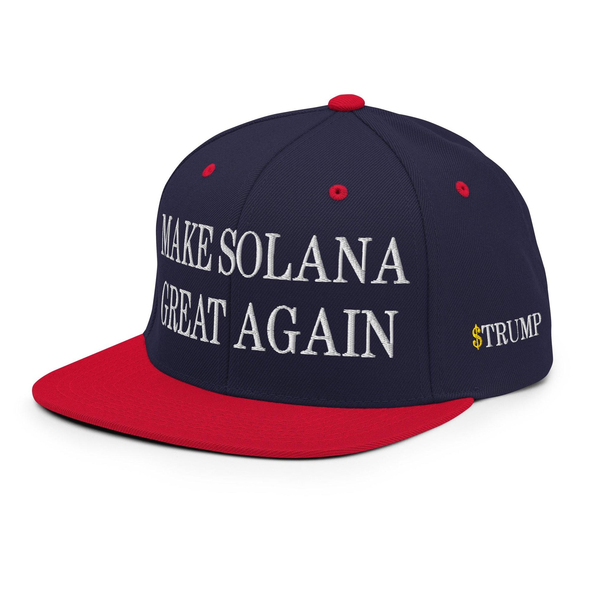 Navy and red baseball cap with Make Solana Great and Trump Meme Coin embroidery