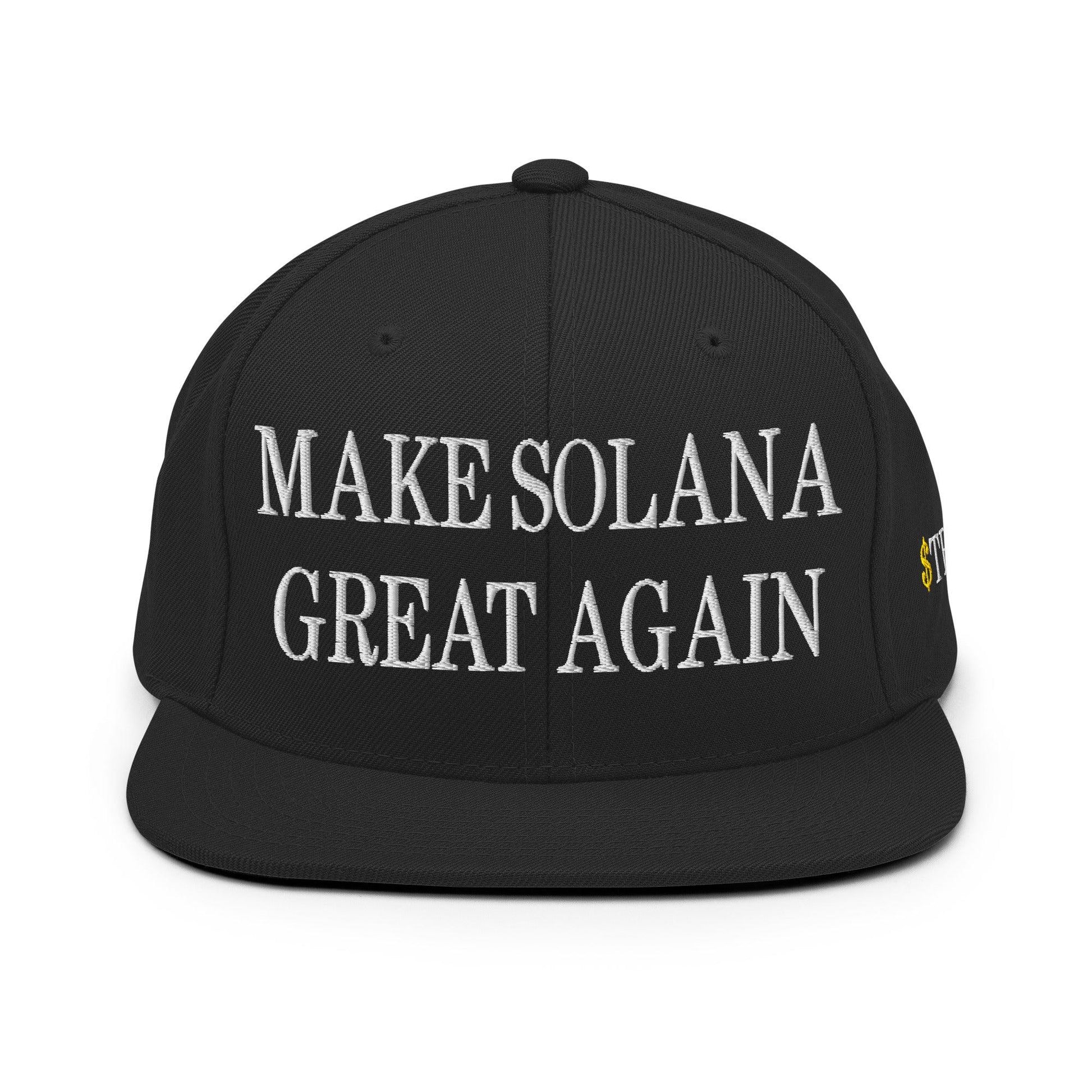 Black baseball cap with embroidery, supporting Make Solana Great and Trump Meme Coin