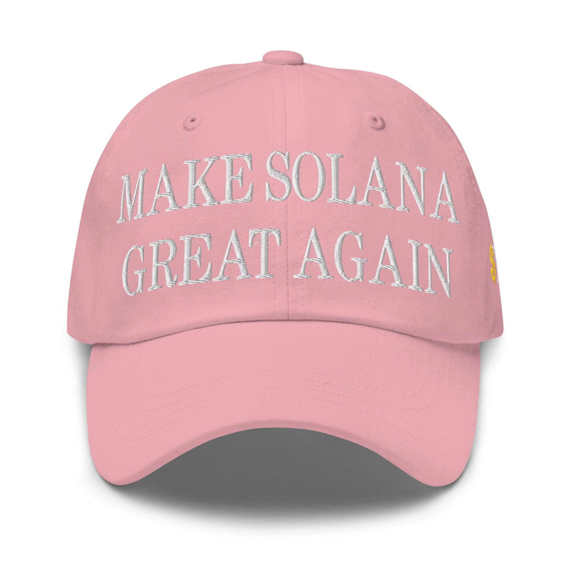 Pink baseball cap with embroidered Make Solana Great Again and Trump Meme Coin text