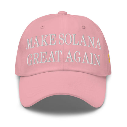 Pink baseball cap with embroidered Make Solana Great Again and Trump Meme Coin text