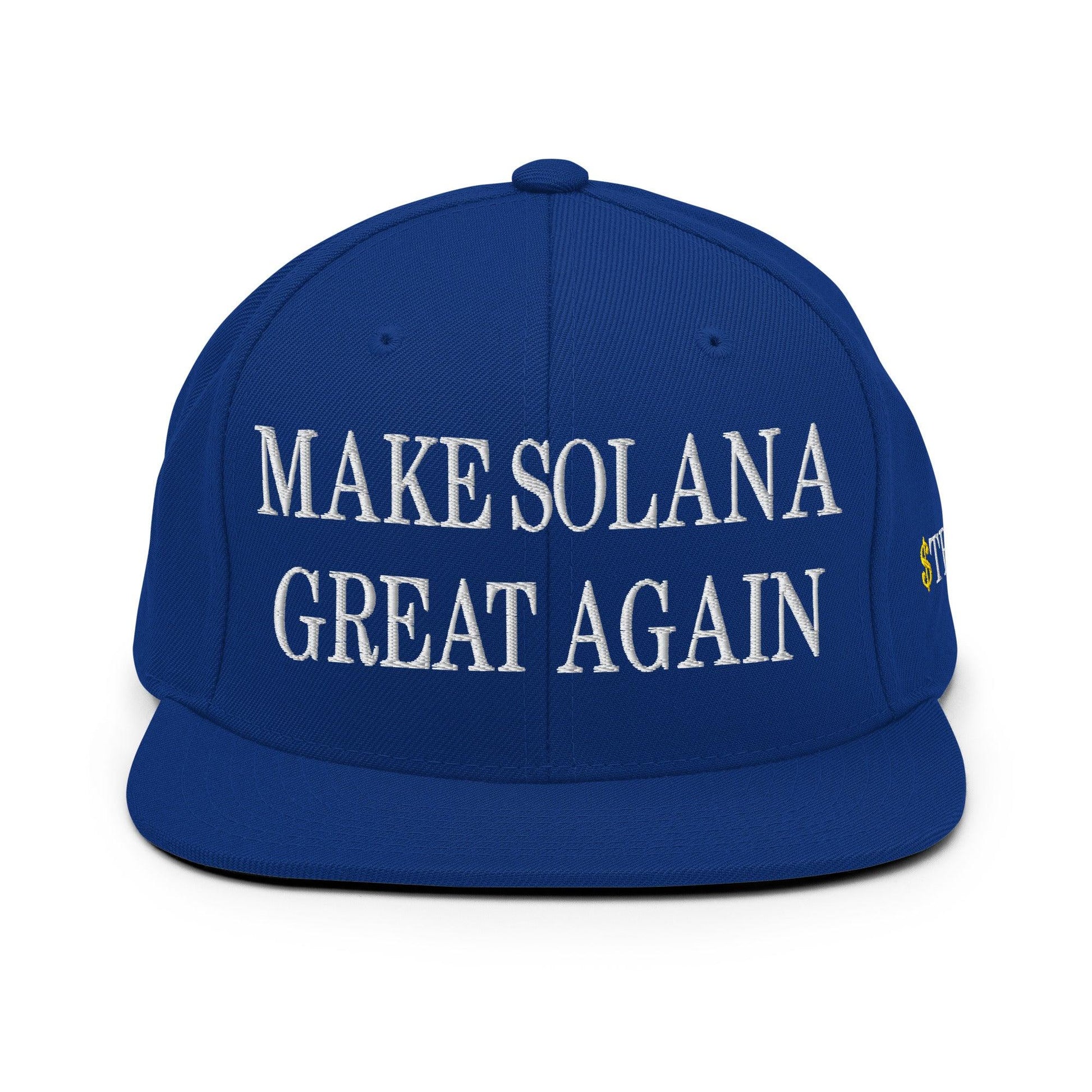 Blue Make Solana Great Again hat featuring official Trump meme coin embroidery