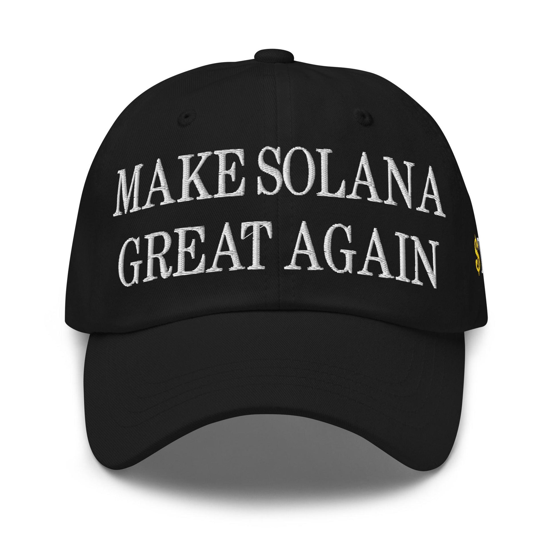 Black baseball cap with embroidered Make Solana Great Again and Trump Meme Coin text