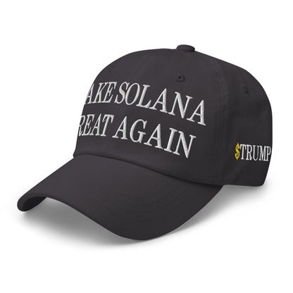 Black baseball cap featuring Make Solana Great Again Trump Meme Coin embroidery