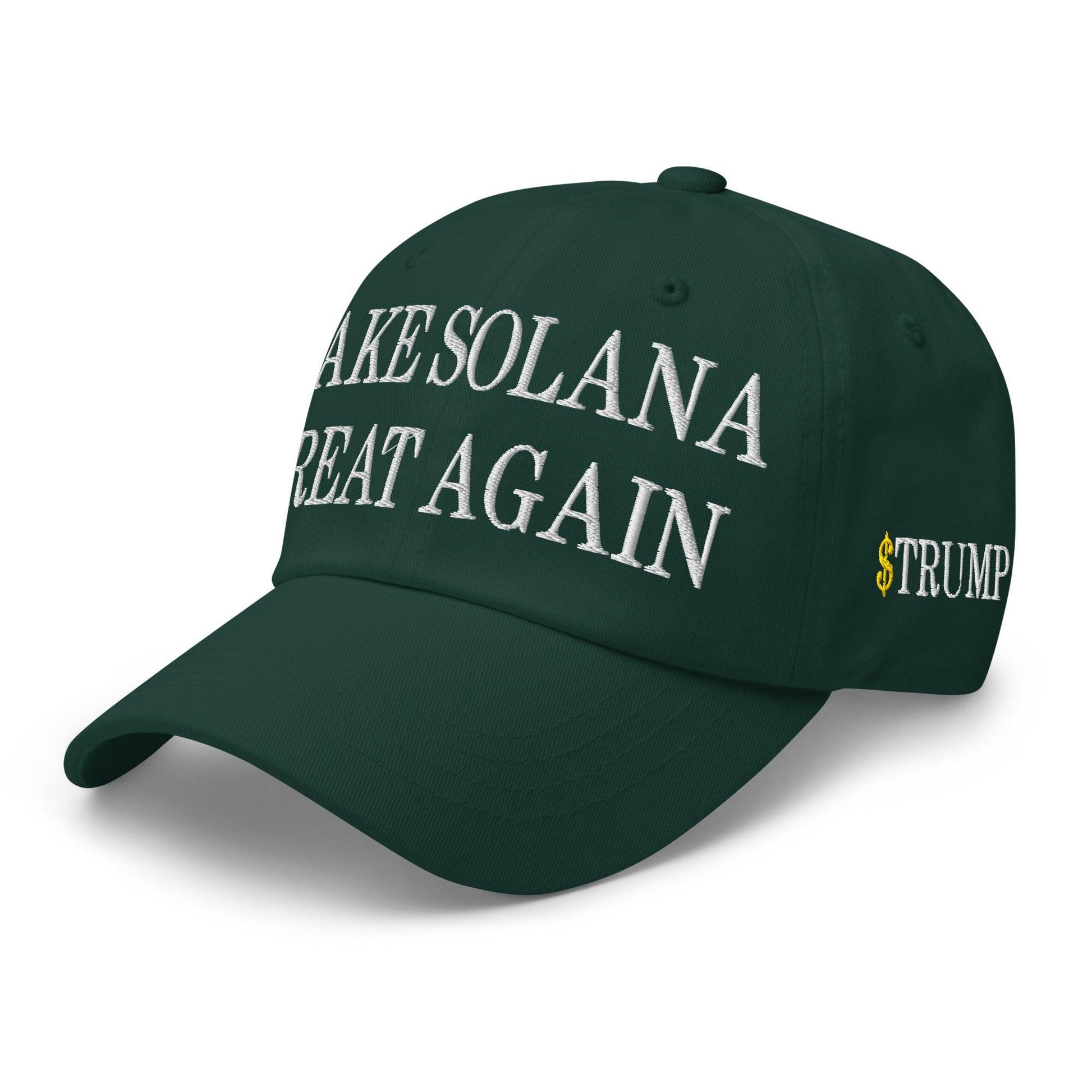 Dark green baseball cap with Trump meme coin embroidered for Make Solana Great Again