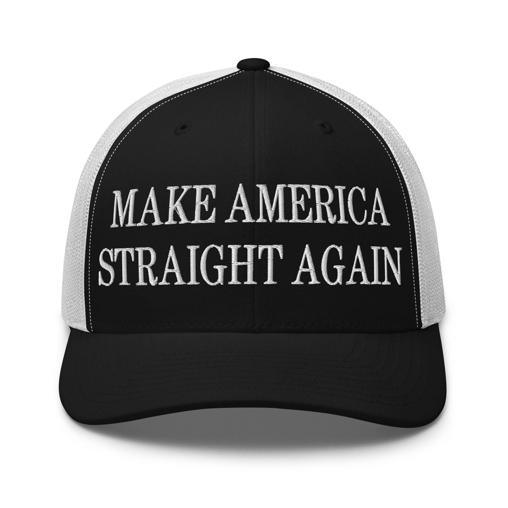 Make Us Straight Again Embroidered Mesh Trucker Hat - Black/ White
