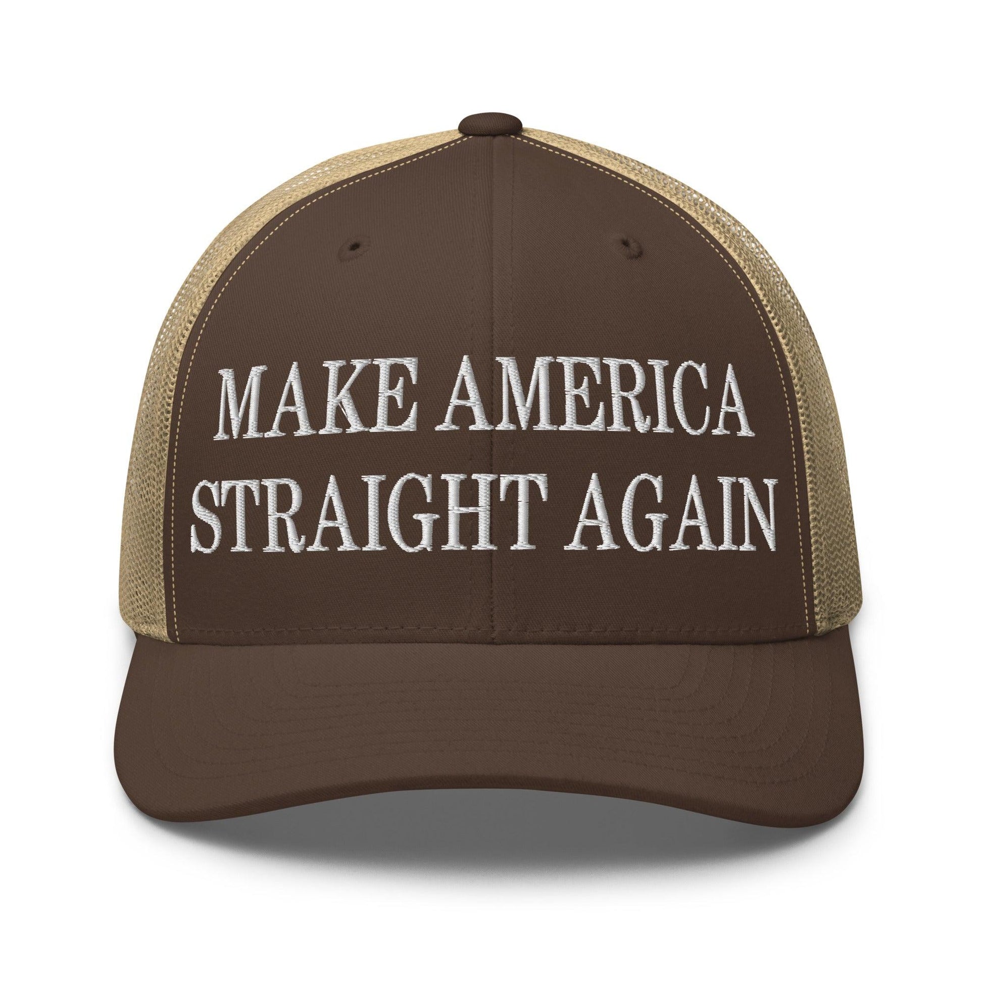 Make Us Straight Again Embroidered Mesh Trucker Hat - Brown/ Khaki