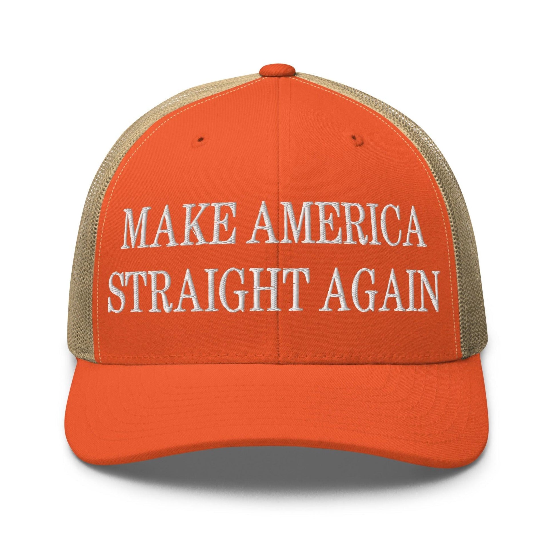 Make Us Straight Again Embroidered Mesh Trucker Hat - Rustic Orange/ Khaki