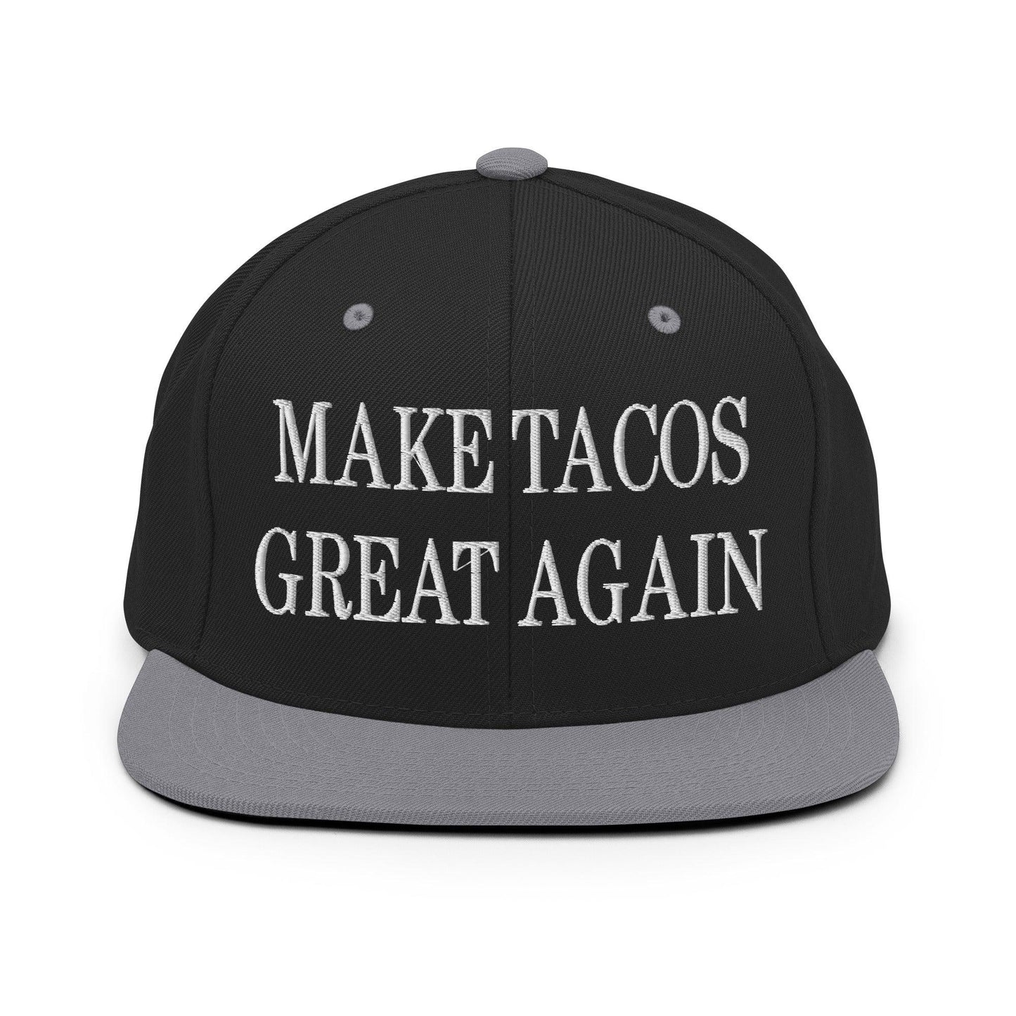 Make Tacos Great Again Embroidered Flat Bill Brim Snapback Hat - Black/ Silver