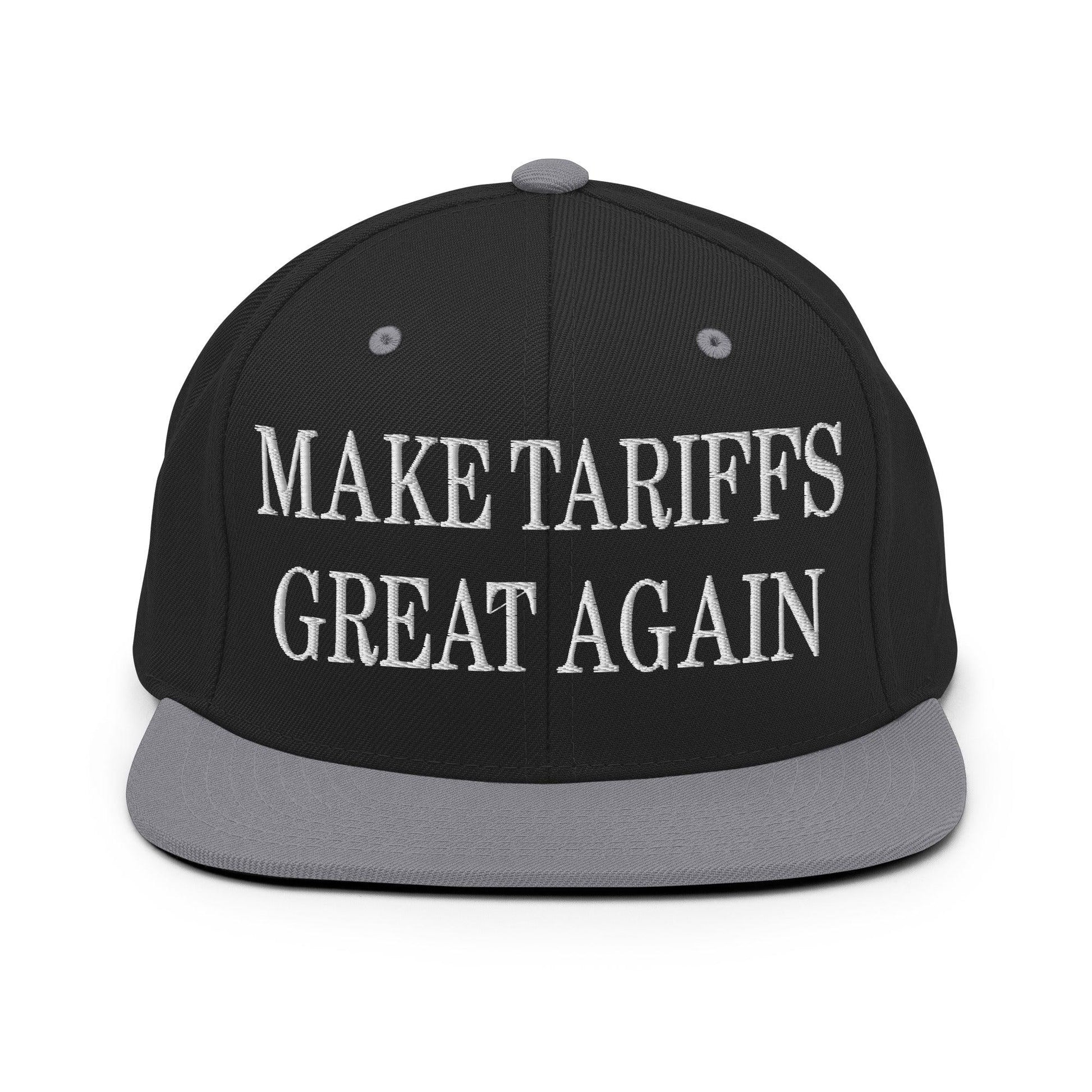 Make Tariffs Great Again Embroidered Flat Bill Brim Snapback Hat - Black/ Silver