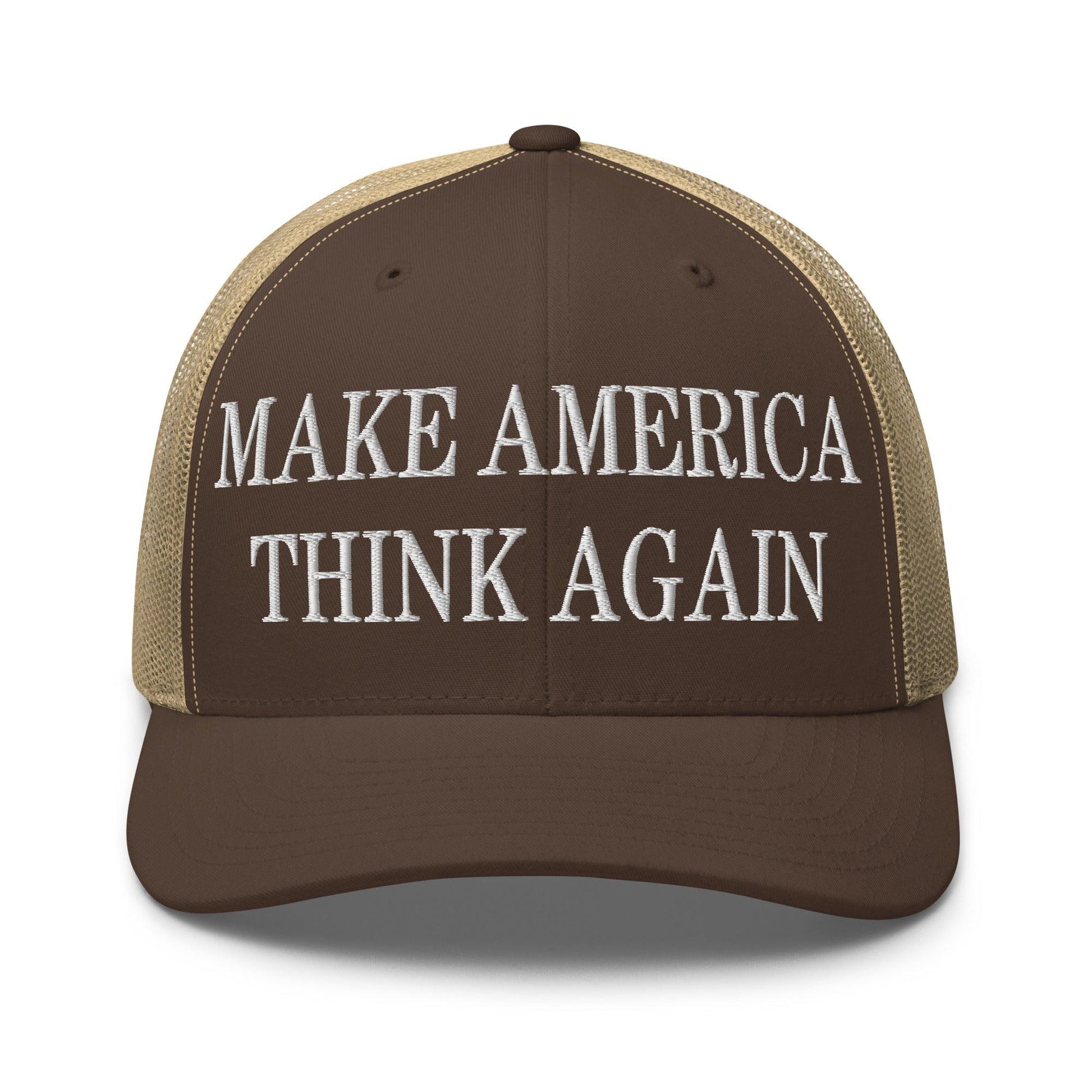 Make Us Think Again Embroidered Mesh Trucker Hat - Brown/ Khaki