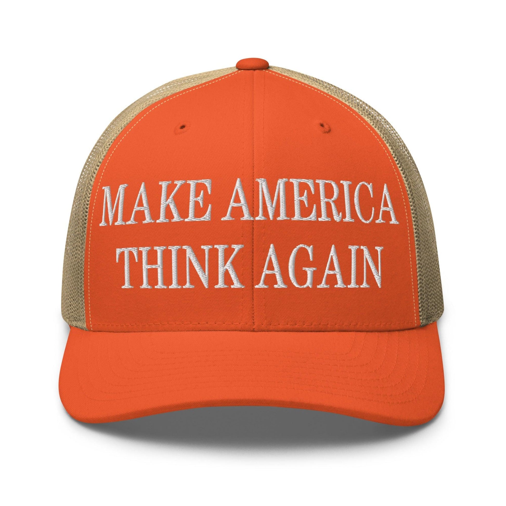 Make Us Think Again Embroidered Mesh Trucker Hat - Rustic Orange/ Khaki