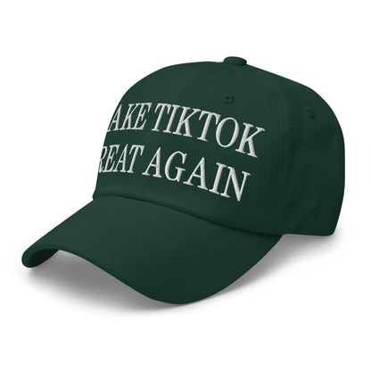 Green baseball cap featuring Make TikTok Great Again embroidered dad hat design
