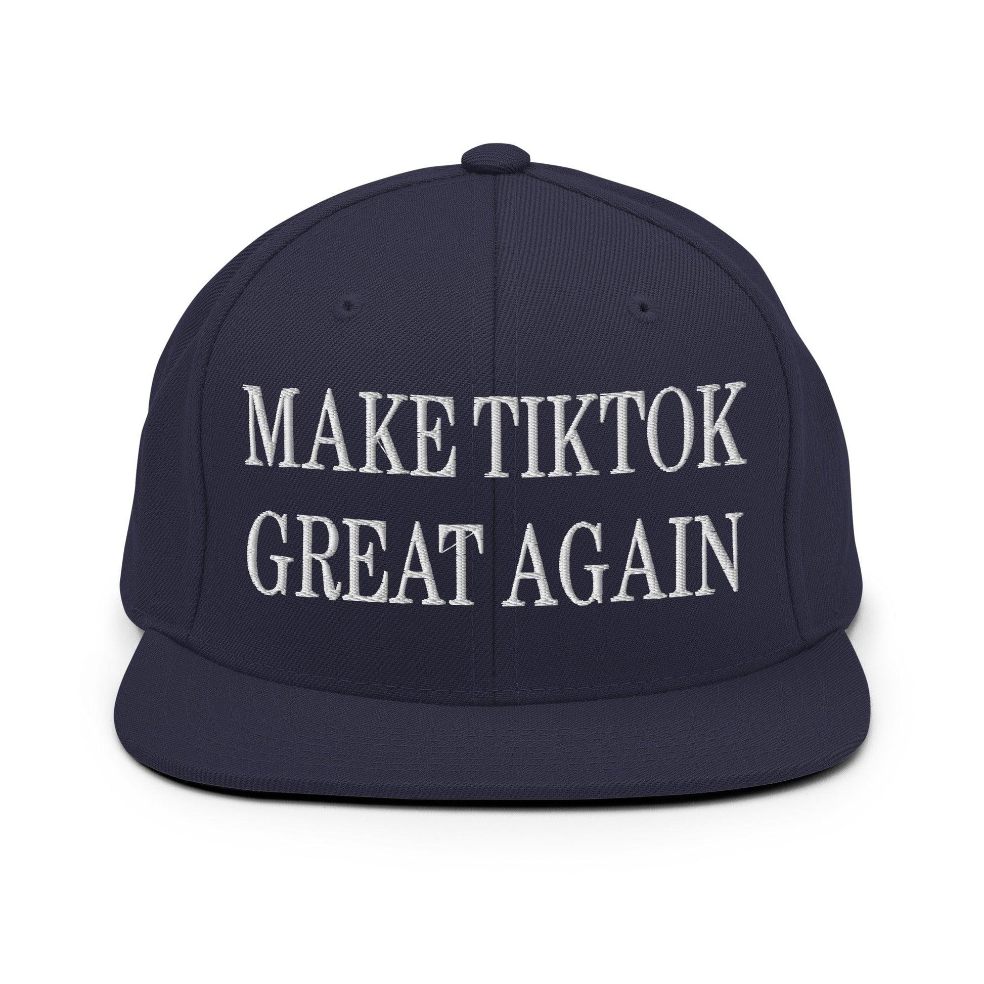 Navy blue make TikTok great embroidered flat brim snapback hat with white text