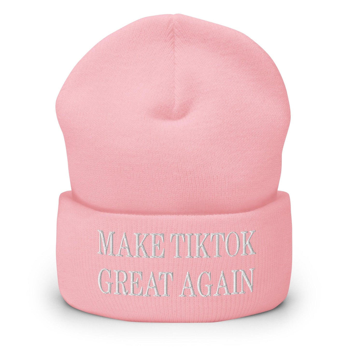 Pink knit beanie with embroidery for Make TikTok Great Again or knit cuffed beanie style