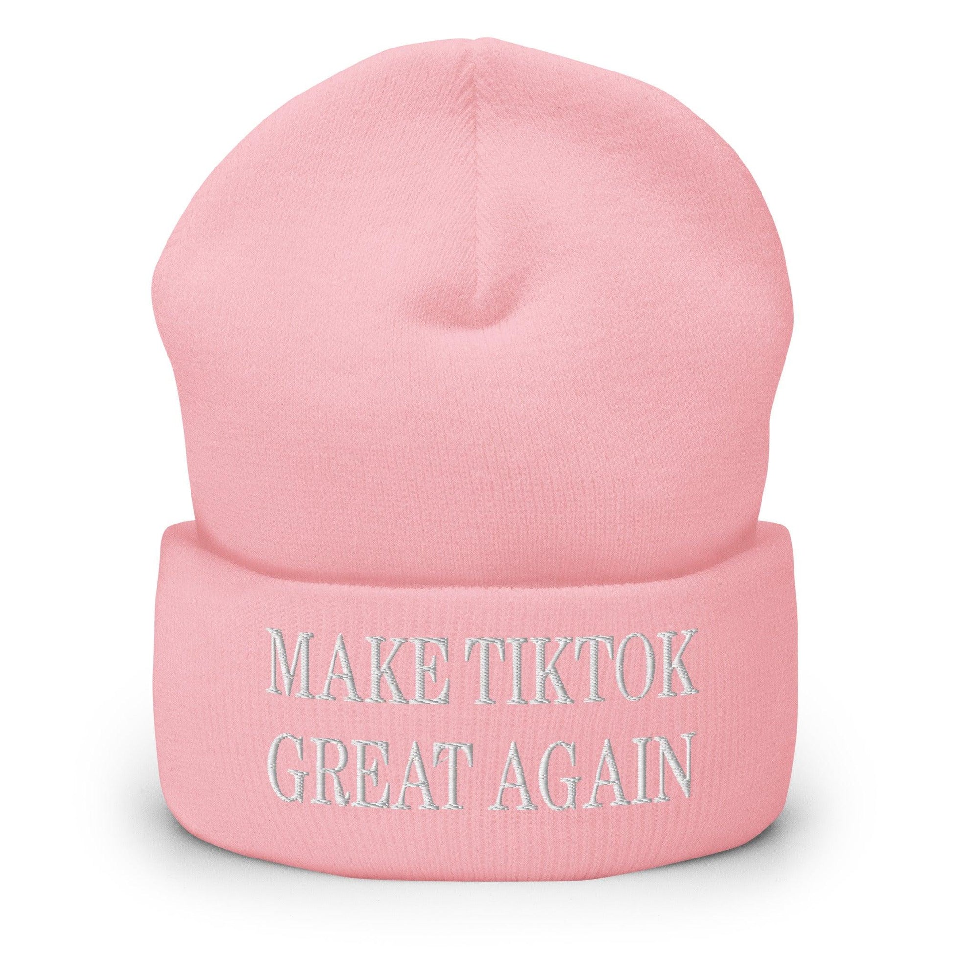 Pink knit beanie with embroidery for Make TikTok Great Again or knit cuffed beanie style