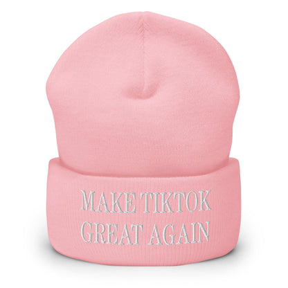 Pink knit beanie with embroidery for Make TikTok Great Again or knit cuffed beanie style