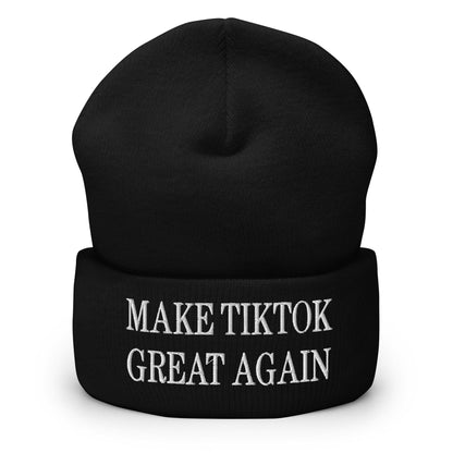 Black embroidered knit cuffed beanie with Make TikTok Great Again text