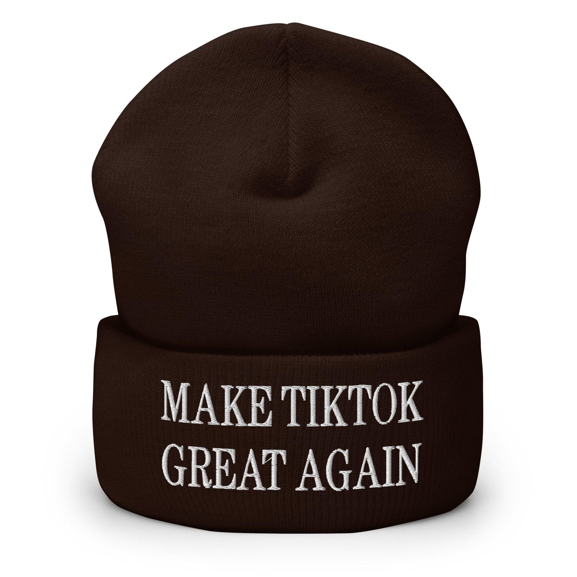 Brown embroidered knit cuffed beanie with Make TikTok Great Again text image