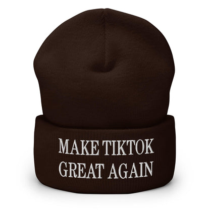 Brown embroidered knit cuffed beanie with Make TikTok Great Again text image