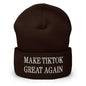 Brown embroidered knit cuffed beanie with Make TikTok Great Again text image