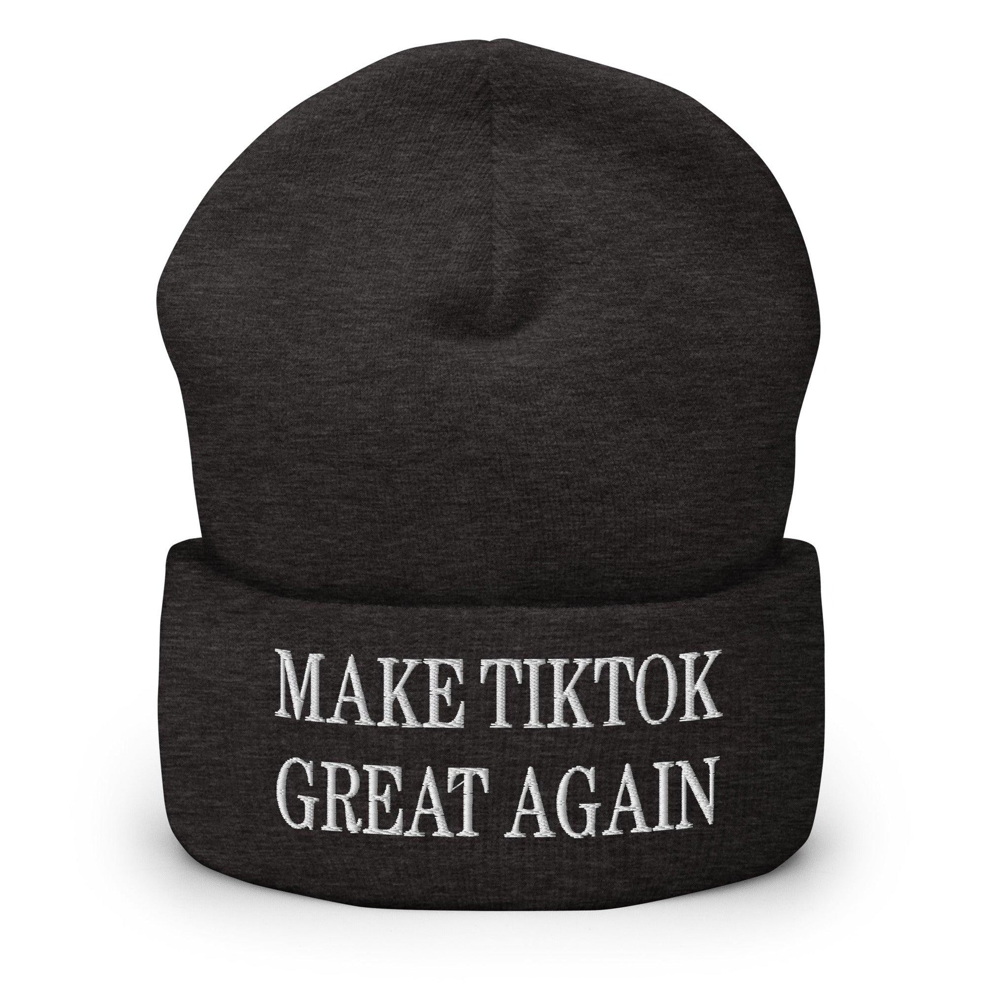 Dark beanie with embroidered text from Make TikTok Great Again embroidered knit cuffed beanie