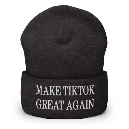 Dark beanie with embroidered text from Make TikTok Great Again embroidered knit cuffed beanie