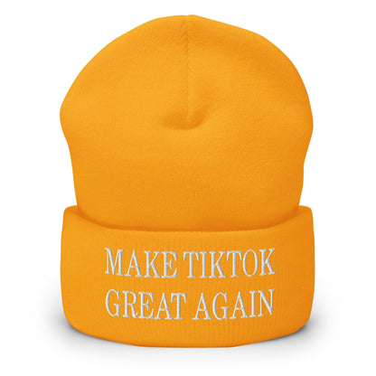 Yellow beanie with embroidered text from Make TikTok Great Again embroidered knit cuffed beanie collection