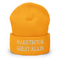 Yellow beanie with embroidered text from Make TikTok Great Again embroidered knit cuffed beanie collection