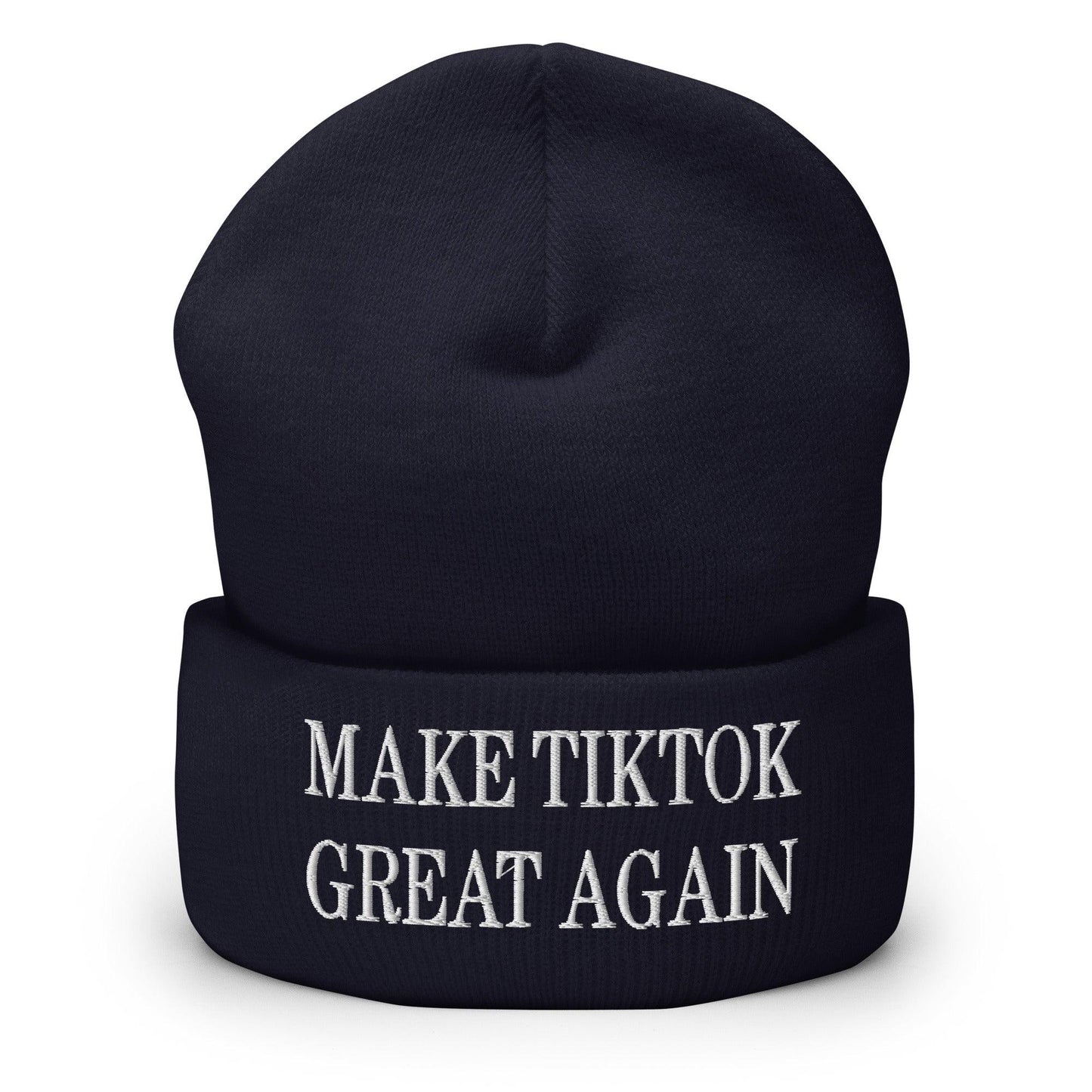 Dark blue make TikTok great embroidered knit cuffed beanie for stylish warmth