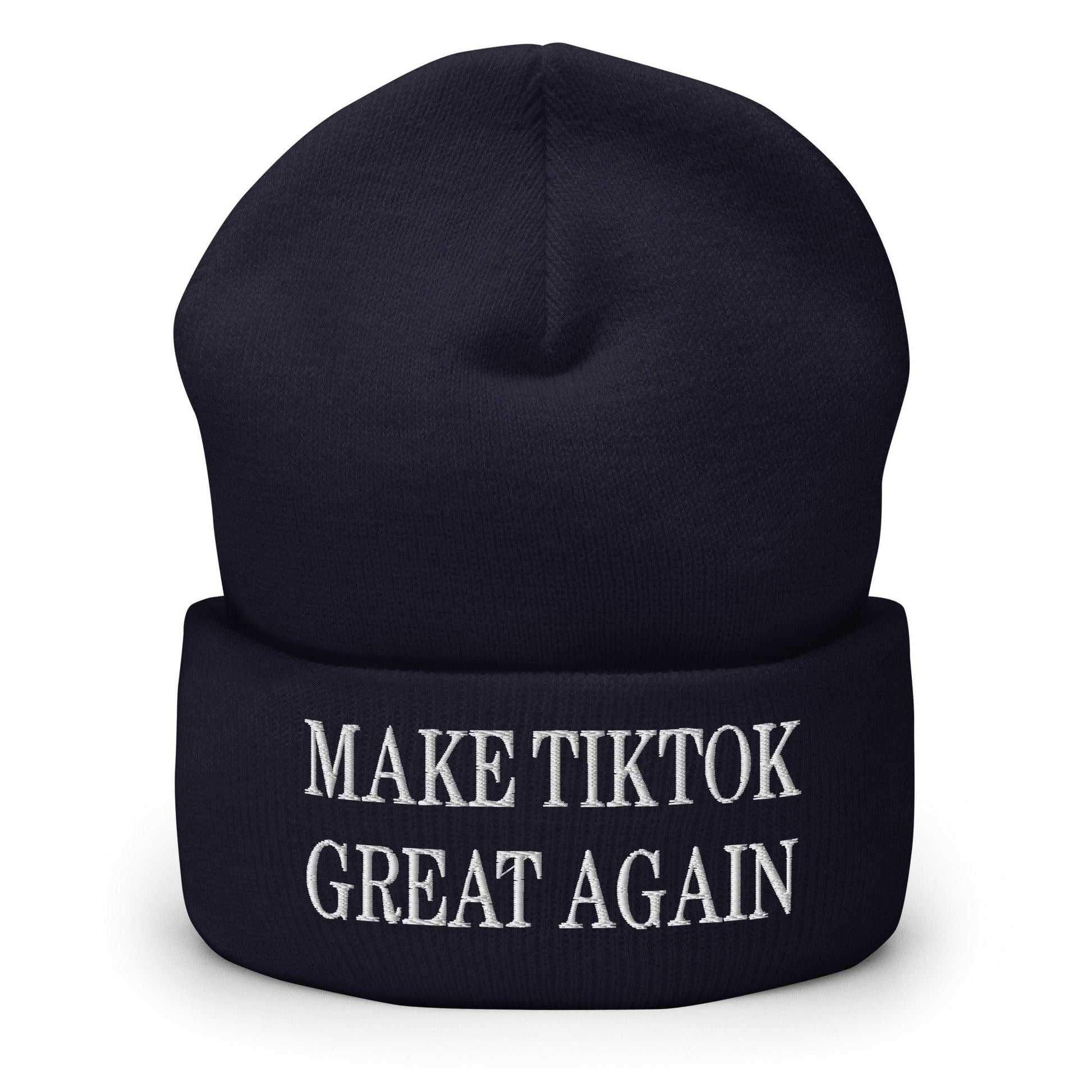 Dark blue make TikTok great embroidered knit cuffed beanie for stylish warmth