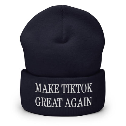 Dark blue make TikTok great embroidered knit cuffed beanie for stylish warmth