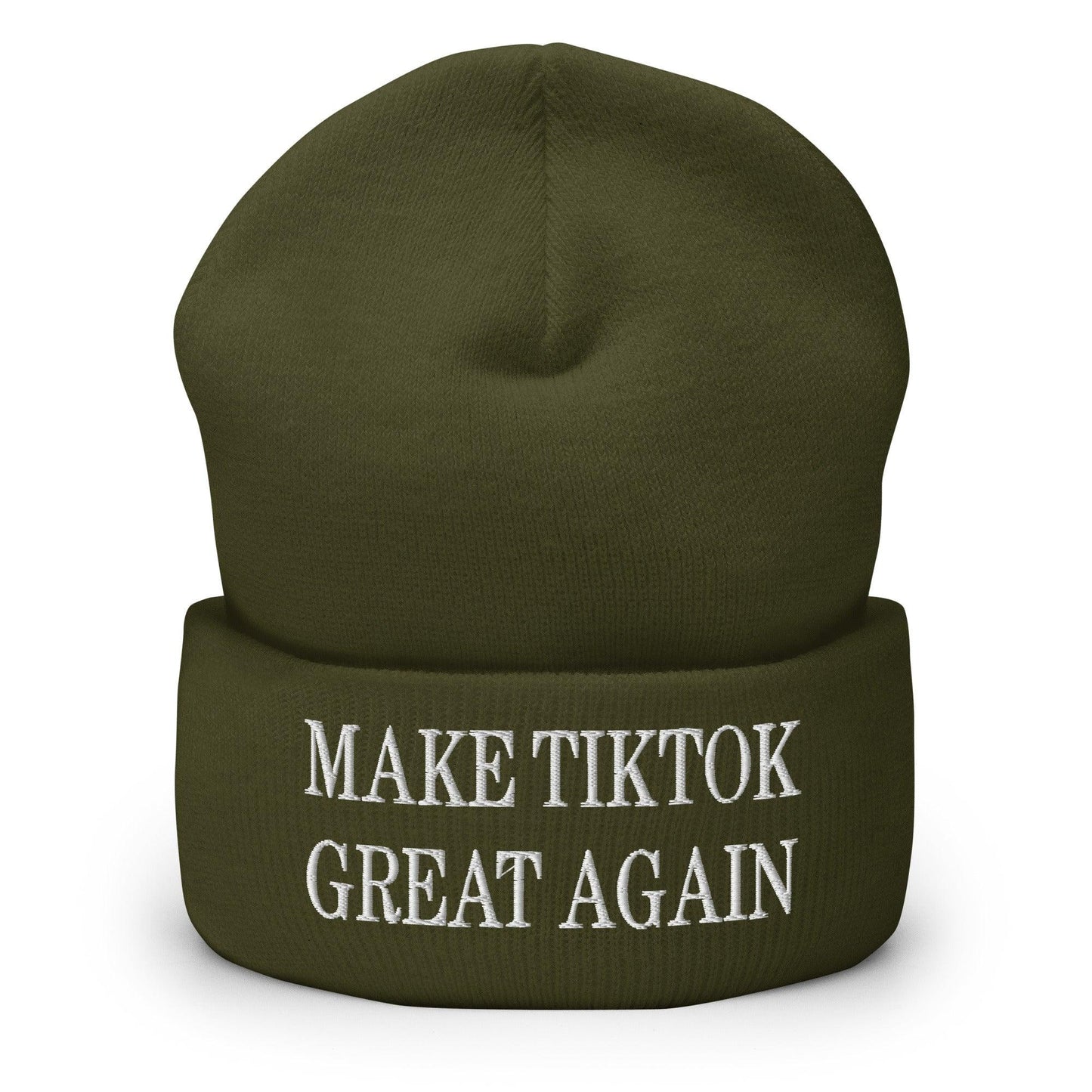 Olive green Make TikTok Great Embroidered Knit Cuffed Beanie, stylish knit cuffed beanie