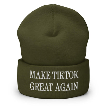 Olive green Make TikTok Great Embroidered Knit Cuffed Beanie, stylish knit cuffed beanie