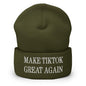 Olive green Make TikTok Great Embroidered Knit Cuffed Beanie, stylish knit cuffed beanie