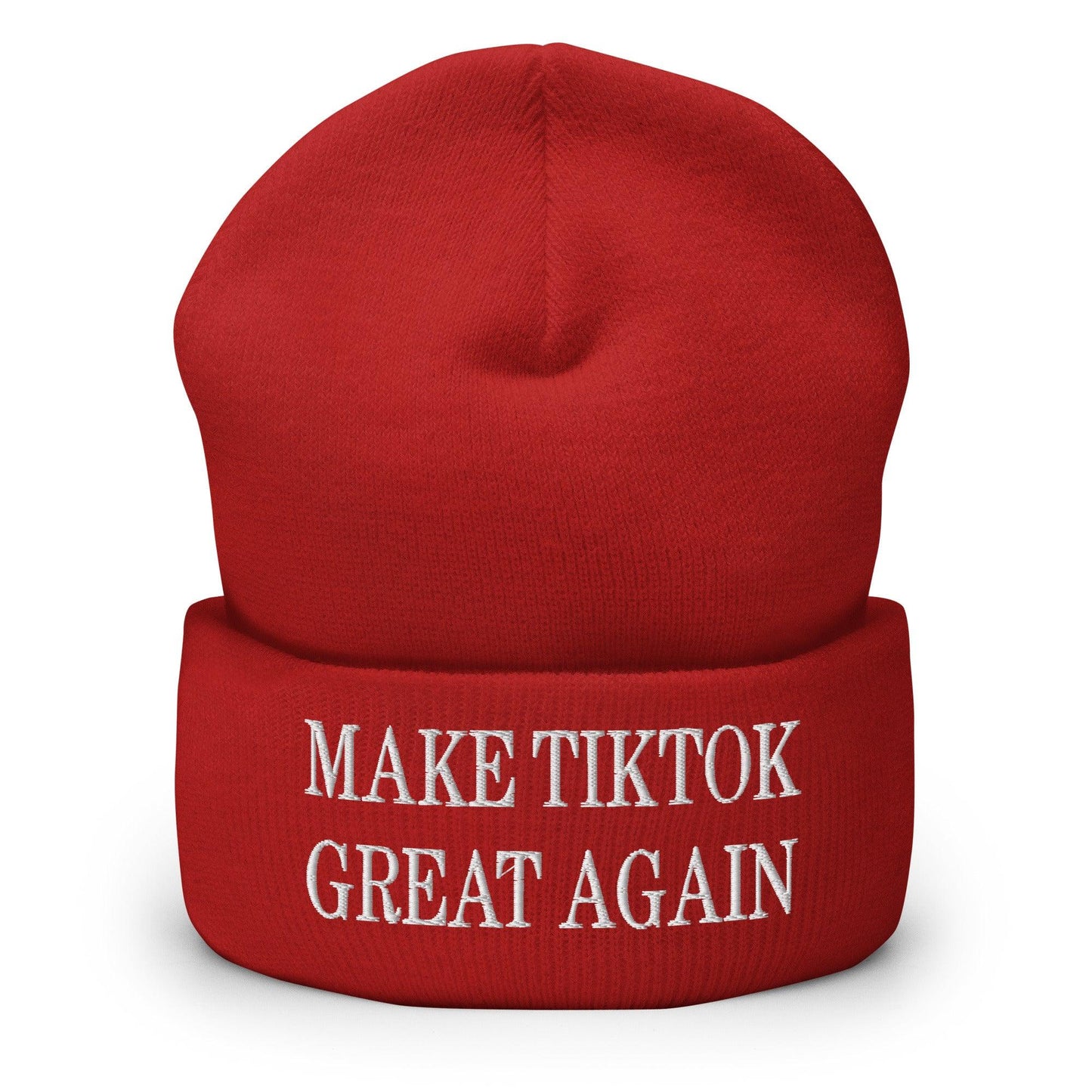 Red beanie with embroidered text from Make TikTok Great Again embroidered knit cuffed beanie