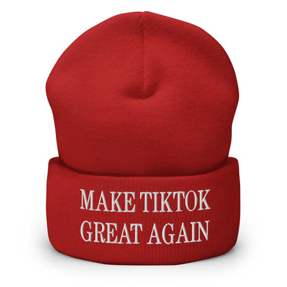 Red beanie with embroidered text from Make TikTok Great Again embroidered knit cuffed beanie