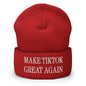 Red beanie with embroidered text from Make TikTok Great Again embroidered knit cuffed beanie