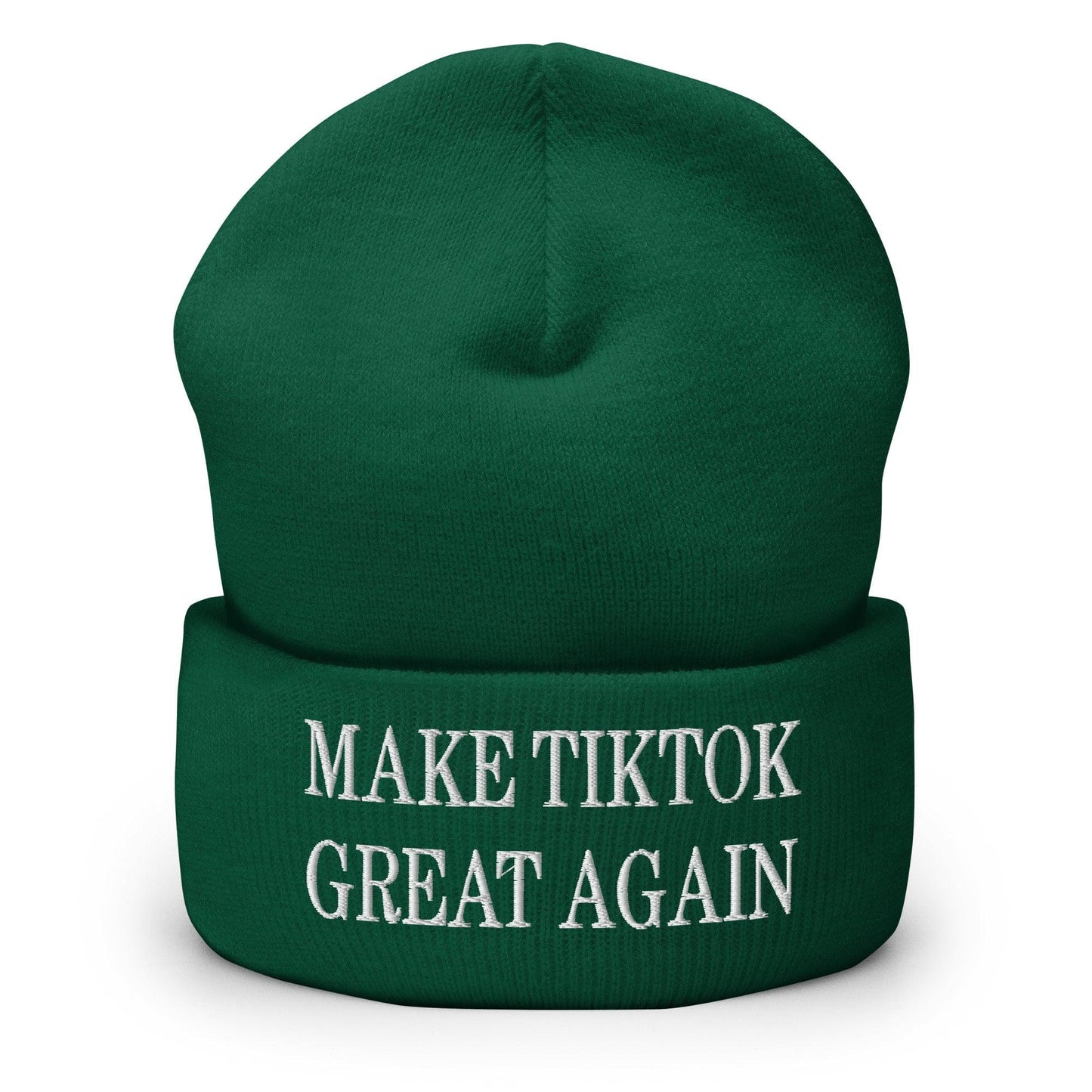 Green beanie with embroidered text for Make TikTok Great Again knit cuffed beanie product