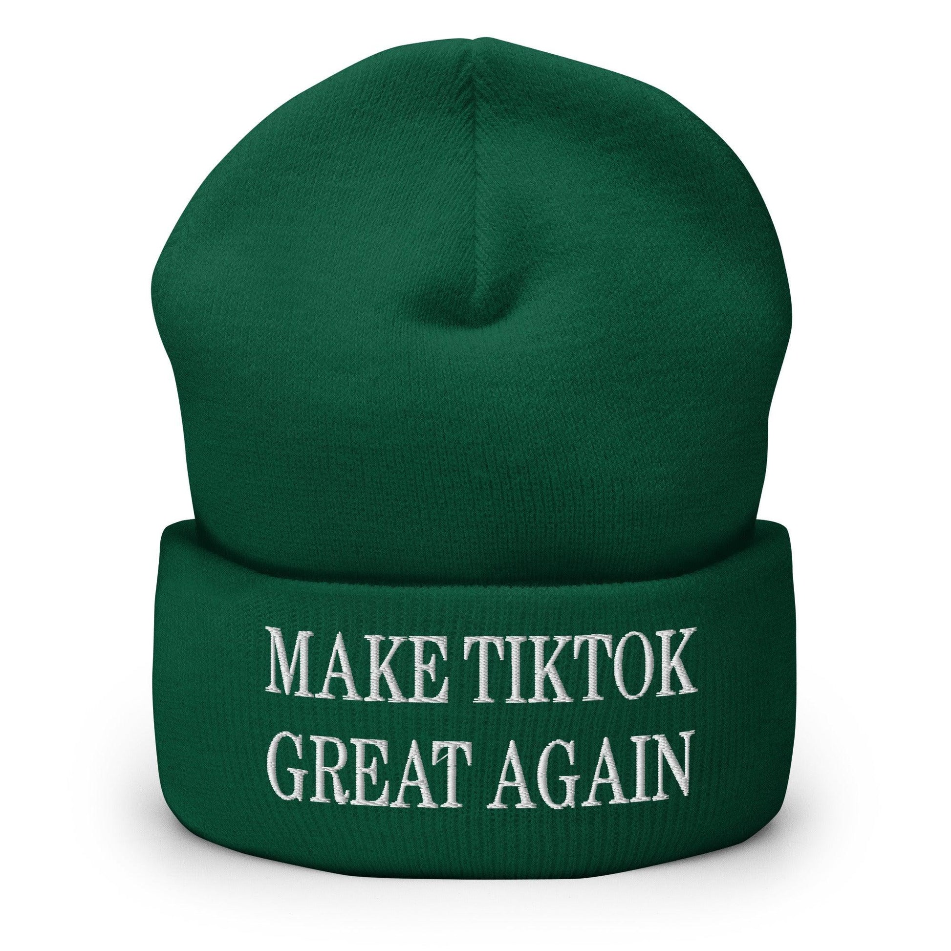 Green beanie with embroidered text for Make TikTok Great Again knit cuffed beanie product
