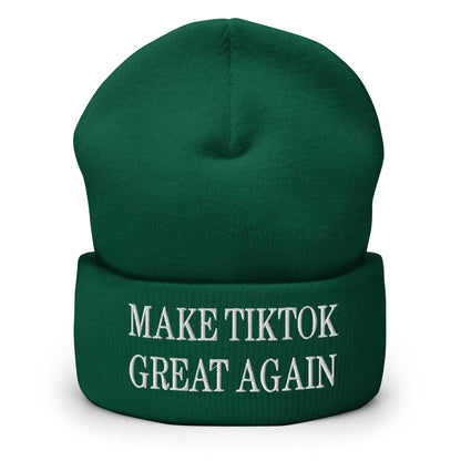 Green beanie with embroidered text for Make TikTok Great Again knit cuffed beanie product