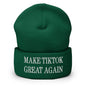 Green beanie with embroidered text for Make TikTok Great Again knit cuffed beanie product