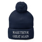 Navy blue knit pom pom beanie with embroidery for Make TikTok Great Again fans
