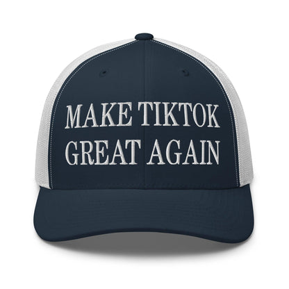 Navy and white Make TikTok Great Again embroidered mesh trucker hat for stylish wear