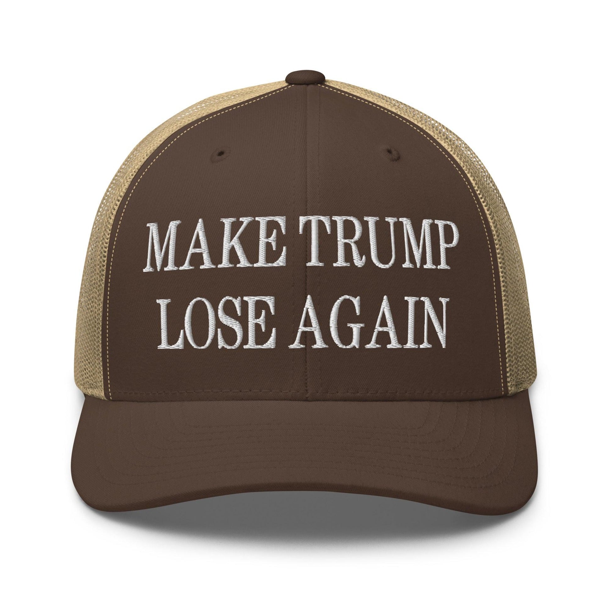 Make Trump Lose Again Embroidered Mesh Trucker Hat - Brown/ Khaki